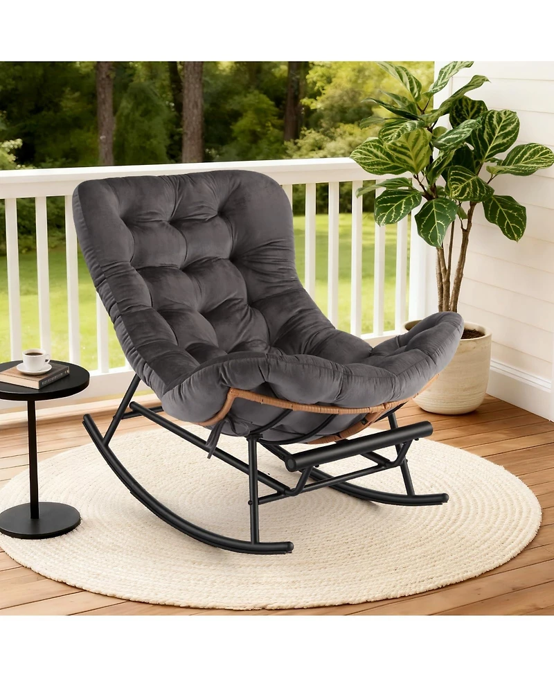 homfan Oversized Papasan Rocking Footstool – Extendable Footrest, Thick Removable Cushion, Sturdy Metal Frame Comfortable Wicker Patio Stool