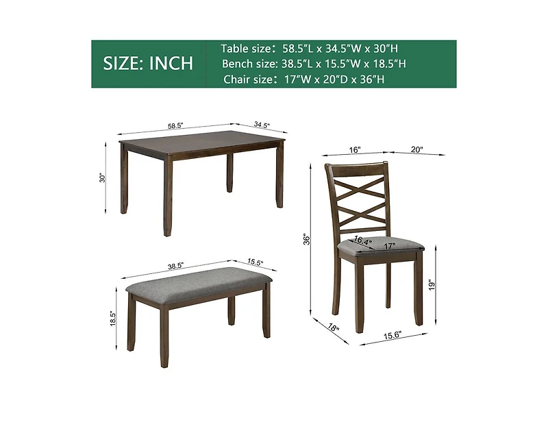 sumyeg Walnut Modern 6-Piece Dining Set with Rectangular Table 4 Chairs and Bench