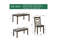 sumyeg Walnut Modern 6-Piece Dining Set with Rectangular Table 4 Chairs and Bench