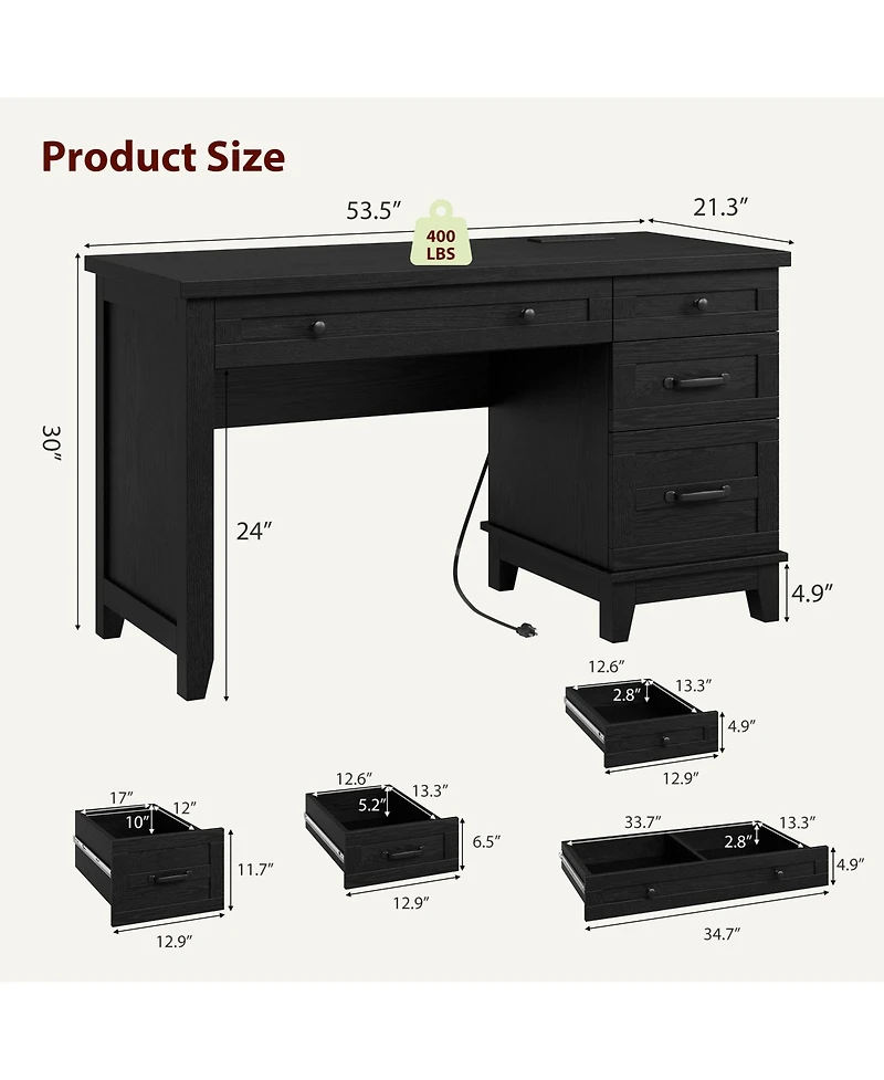 Gaomon Farmhouse Computer Desk with Charging Station, Rustic Black Home Office Executive Desk, Wooden Workstation with File Cabinet Storage Drawers