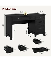 Gaomon Farmhouse Computer Desk with Charging Station, Rustic Black Home Office Executive Desk, Wooden Workstation with File Cabinet Storage Drawers
