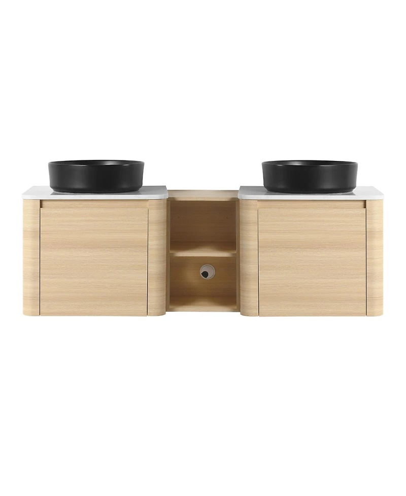 Sillysis Inch Wall Mounted Double Bathroom Vanity with Stone Countertop, Ceramic Vessel Sinks