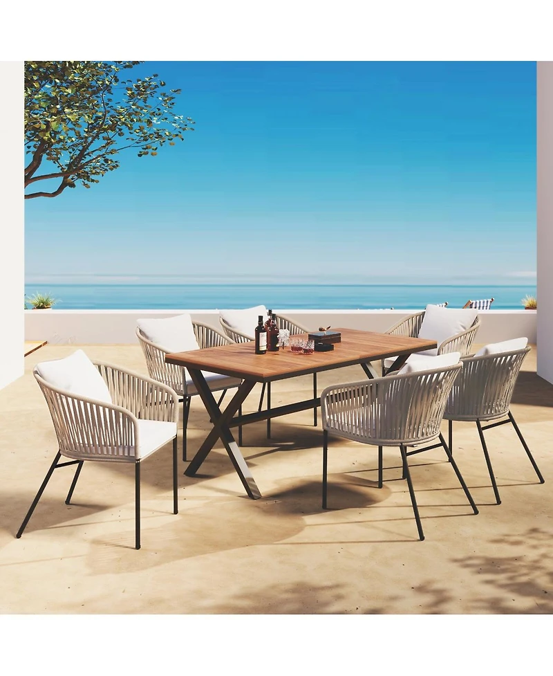 Asagikoiai 7 Piece Outdoor Dining Set with Acacia Wood Table and Rope Chairs