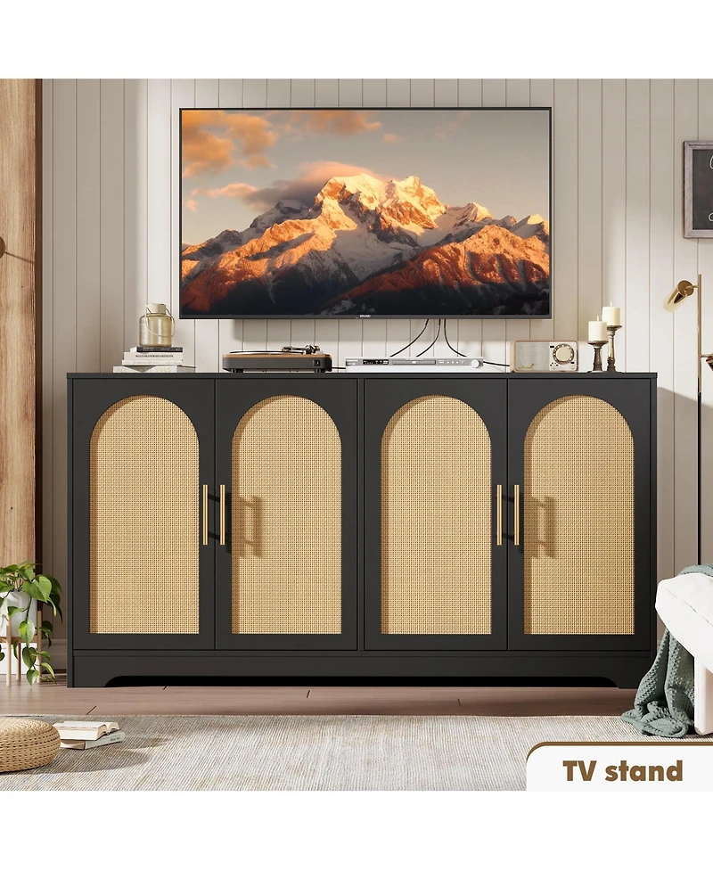 homfan 59 Inch Modern Rattan Credenza Console, 4-Door Sideboard Buffet with Fixed Shelf and Metal Handles for Coffee Bar Multi-Room Use