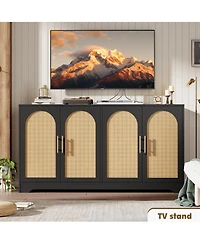 homfan 59 Inch Modern Rattan Credenza Console, 4-Door Sideboard Buffet with Fixed Shelf and Metal Handles for Coffee Bar Multi-Room Use