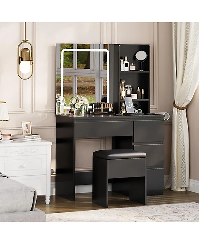 homfan Vanity Desk with Mirror and Led Lights, 4 Drawers, Power Outlet, Storage Stool, Shelves, Hair Dryer Holder, 3-Mode Lighting, Vanity Set