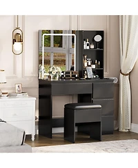 homfan Vanity Desk with Mirror and Led Lights, 4 Drawers, Power Outlet, Storage Stool, Shelves, Hair Dryer Holder, 3-Mode Lighting, Vanity Set