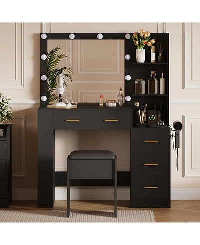 homfan Makeup Vanity Desk with Mirror, 41'' Dressing Table, 10 Bulb Led, 3 Lighting Modes, 5 Drawers, Built-in Outlets, Cushioned Stool