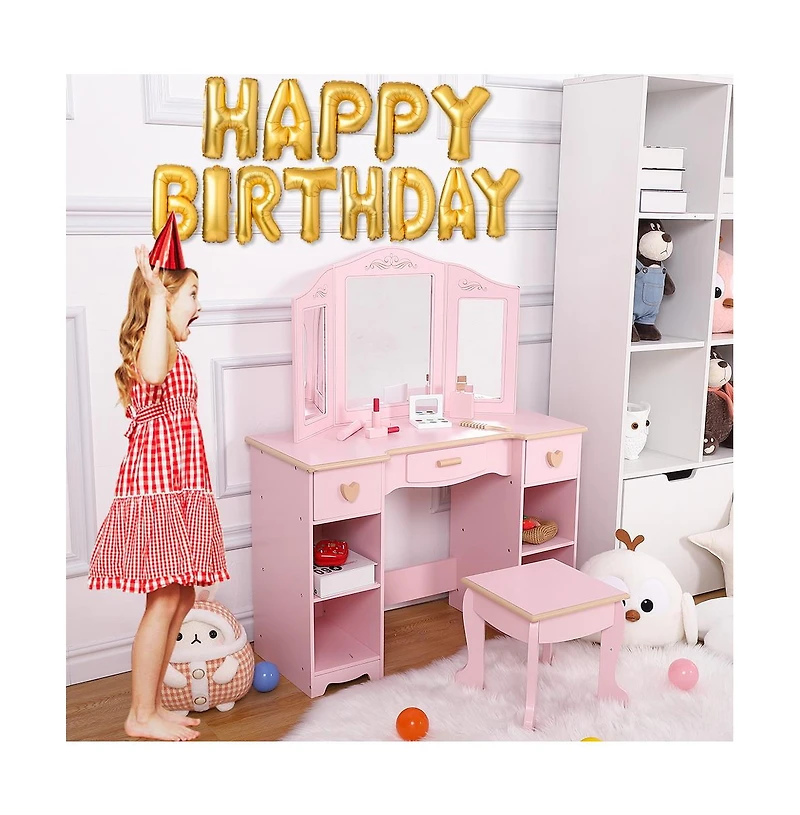 homfan Vanity Table and Chair Set with Tri-Fold Mirror – Wooden Princess Makeup Desk with 3 Drawers and Open Storage Shelves – Room Organization