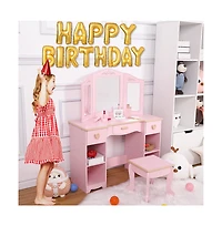 homfan Vanity Table and Chair Set with Tri-Fold Mirror – Wooden Princess Makeup Desk with 3 Drawers and Open Storage Shelves – Room Organization