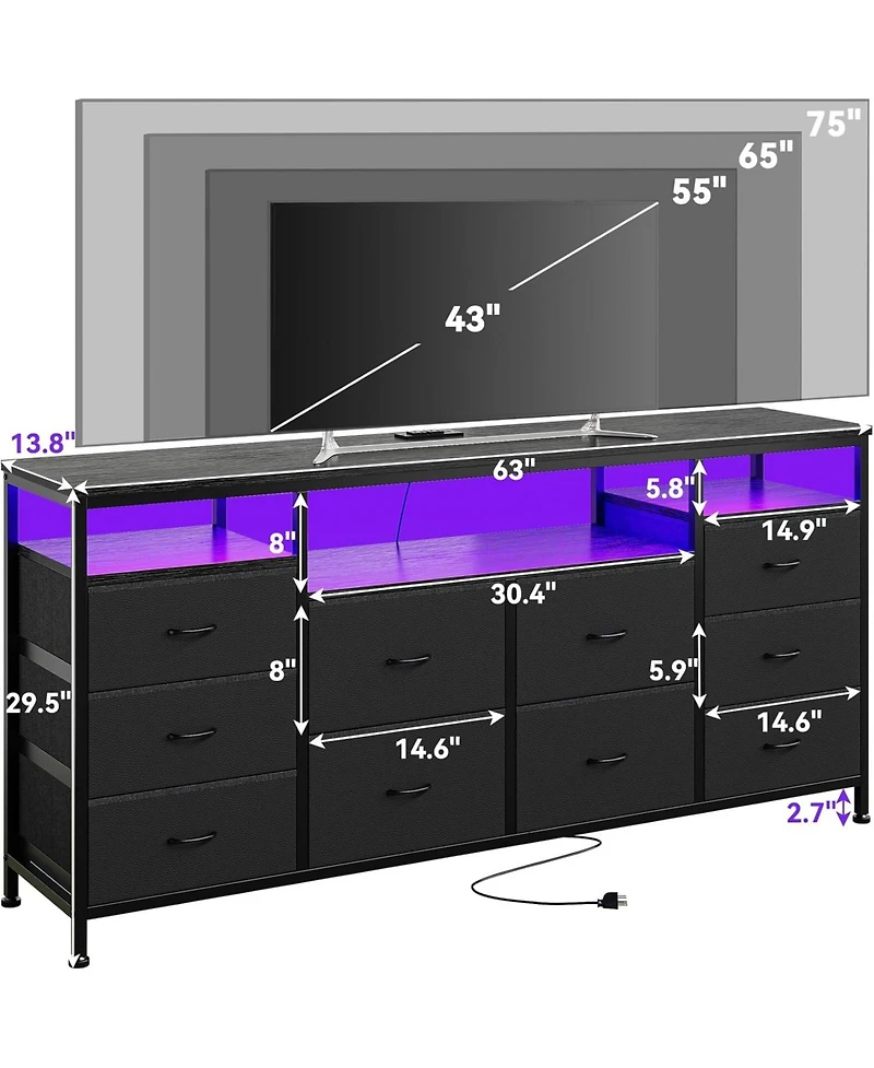 gaomon Dresser Tv Stand with 10 Fabric Drawers Built Usb Ports Led Lighting Wide Storage Unit for 75inch TVs