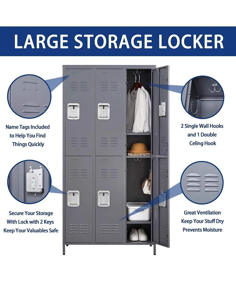 Boyel Living 6 Door 72"H Metal Lockers With Lock for Employees, Storage Locker Cabinet for Home Gym Office School Garage, Gray