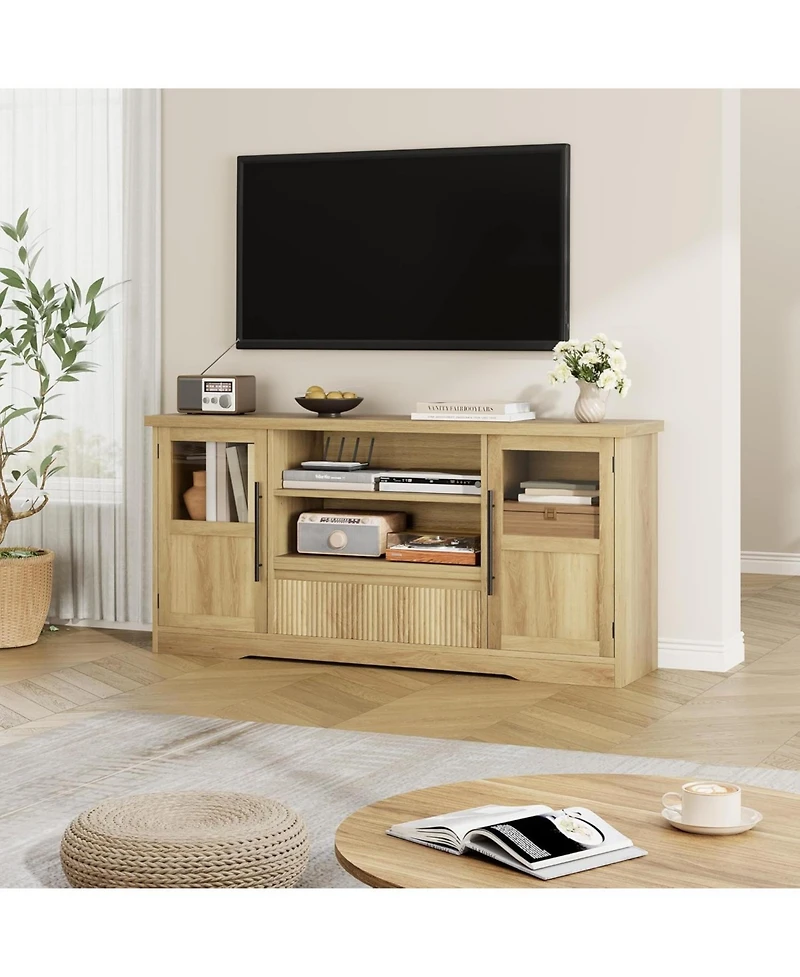 gaomon Farmhouse Tv Stand for TVs, Wave-Pattern Console with Glass Cabinets and Open Shelves