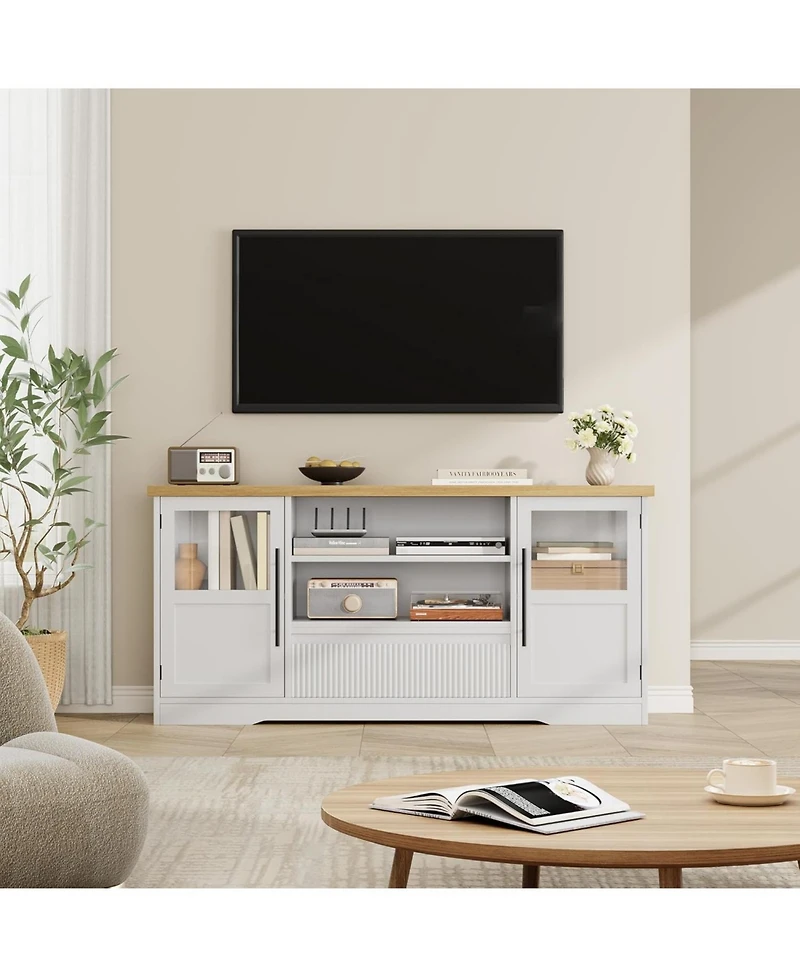 gaomon Farmhouse Tv Stand for TVs, Wave-Pattern Console with Glass Cabinets and Open Shelves