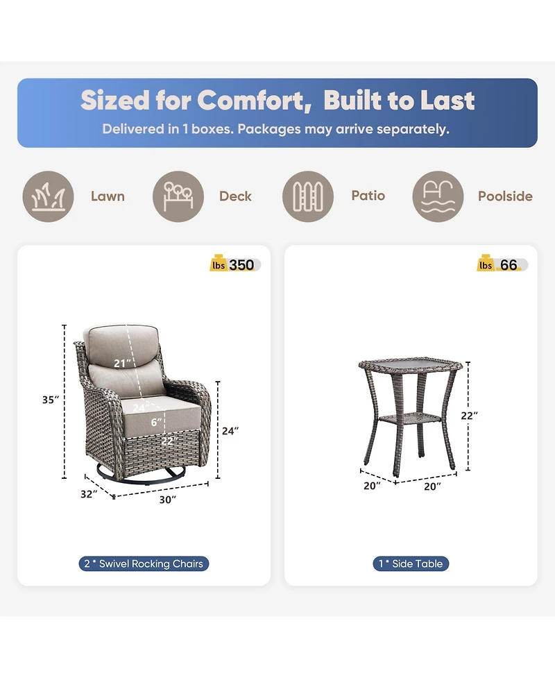 Pocassy 3 Pieces Patio Furniture Set with 6in Cushions, Outdoor Swivel Rocker Chairs, Wicker Bistro Rocking Chair