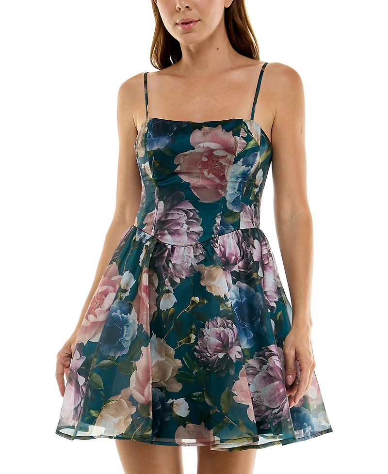 Seni & Cade Juniors' Floral Printed Square Neck Mini Dress