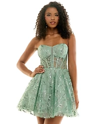 Seni & Cade Juniors' Glitter Strapless Bustier Corset Fit Flare Mini Dress