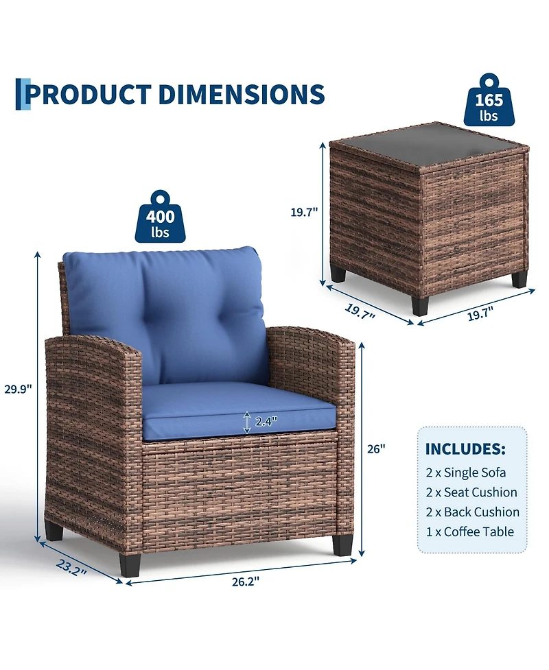 homfan Outdoor Wicker Patio Set with High-Back Chairs, Washable Cushions and Tempered Glass Side Table for Porch or Balcony