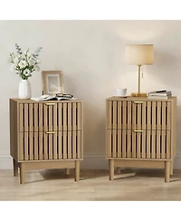 Boyel Living Mid-Century Modern Oak Bedside Table Set of 2, Grille Design Nightstand with 2 Drawers and Solid Wood Legs for Bedroom, Living Room
