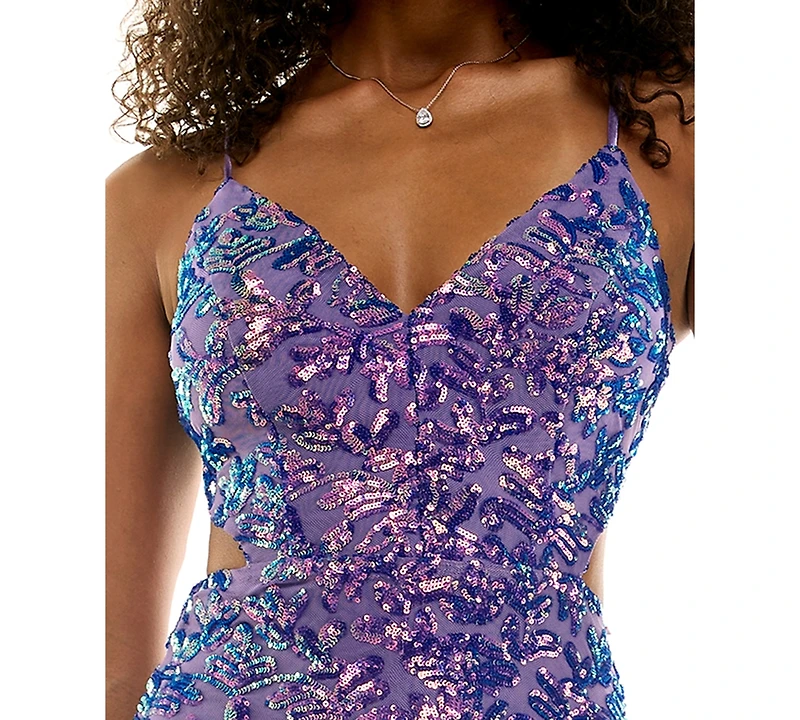Emerald Sundae Juniors' Lace-Up Back Sequined V-Neck Short Dress