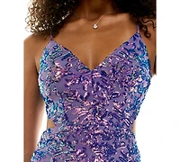 Emerald Sundae Juniors' Lace-Up Back Sequined V-Neck Short Dress