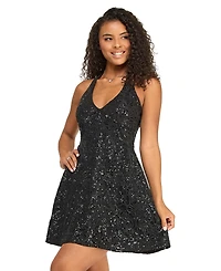 Emerald Sundae Juniors' Halter Neck Sequin Embroidered Lace Fit & Flare Short Dress