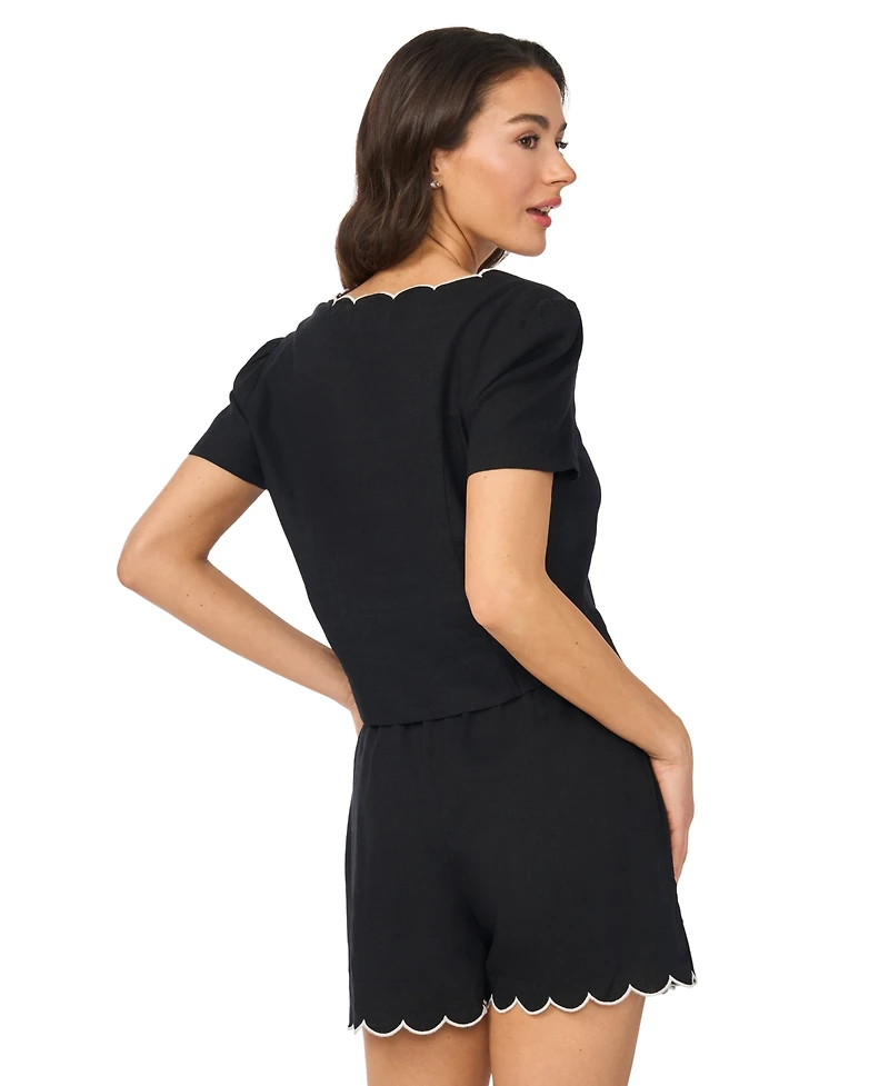 CeCe Women's Short-Sleeve V-Neck Scallop Edge Top