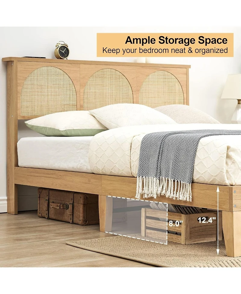 gaomon Deluxe Wooden Bed Frame with Natural Rattan Headboard, Modern Rustic Style and Strong Wood Slat Support