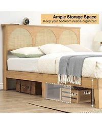 gaomon Deluxe Wooden Bed Frame with Natural Rattan Headboard, Modern Rustic Style and Strong Wood Slat Support