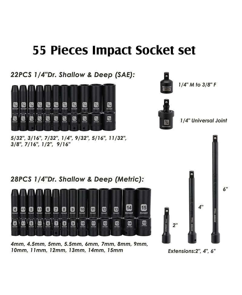 Xdovet Impact Socket Set 1/4inch Drive 50pieces Sae Metric Shallow Deep