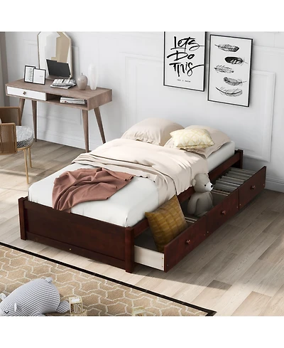 Boyel Living Twin Platform Bed with 3 Drawers, Solid Pinewood Storage Frame, Wood Finish, for Kids and Teens
