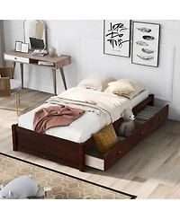 Boyel Living Twin Platform Bed with 3 Drawers, Solid Pinewood Storage Frame, Wood Finish, for Kids and Teens
