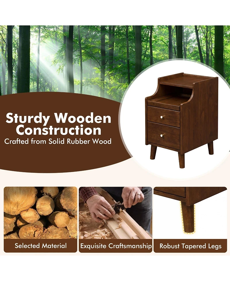 Gymax Wood Nightstand w/ 2 Drawers Narrow Bedside Table w/ Pull-out Tray and Cable