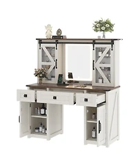 Streamdale Furniture 43.3'' Farmhouse Vanity Desk with Lighted Mirror Charging Station and Storage