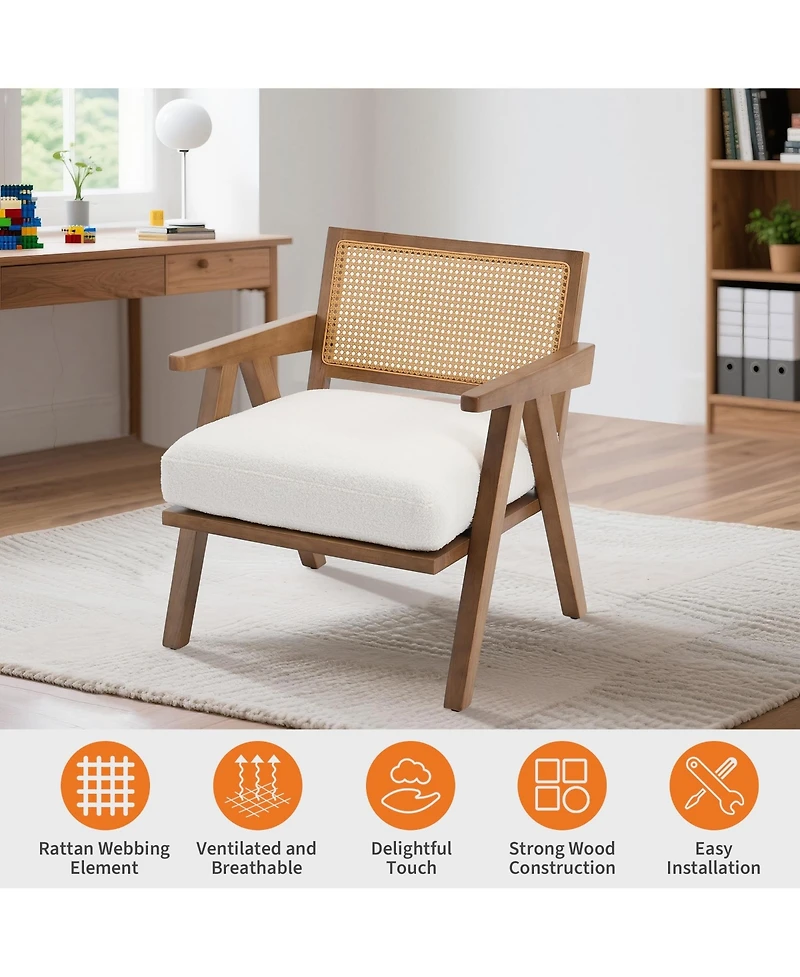 homfan Set of 2 Mid-Century Accent Chairs, Wood with Rattan Backrest, Linen Cushion, for Living Room or Bedroom, Easy Assembly