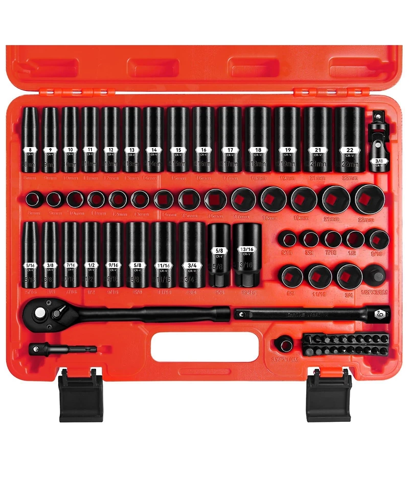 Xdovet 3/8inches Drive Impact Socket Set 72pieces Sae Metric Spark Plug 6 Point Deep Shallow Ratchet Cr-v
