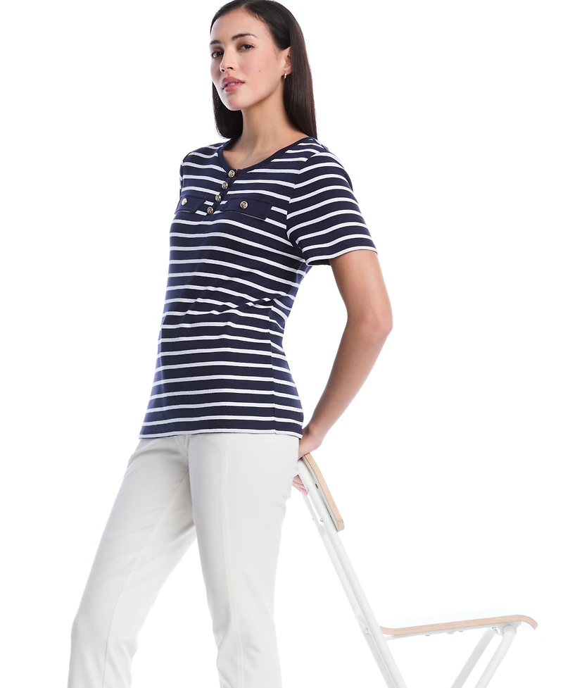Rafaella Petite Striped Welt Pocket Short-Sleeve Top
