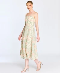 Marchesa Notte Women's Midi Strapless 3D Floral Embroidery Dress
