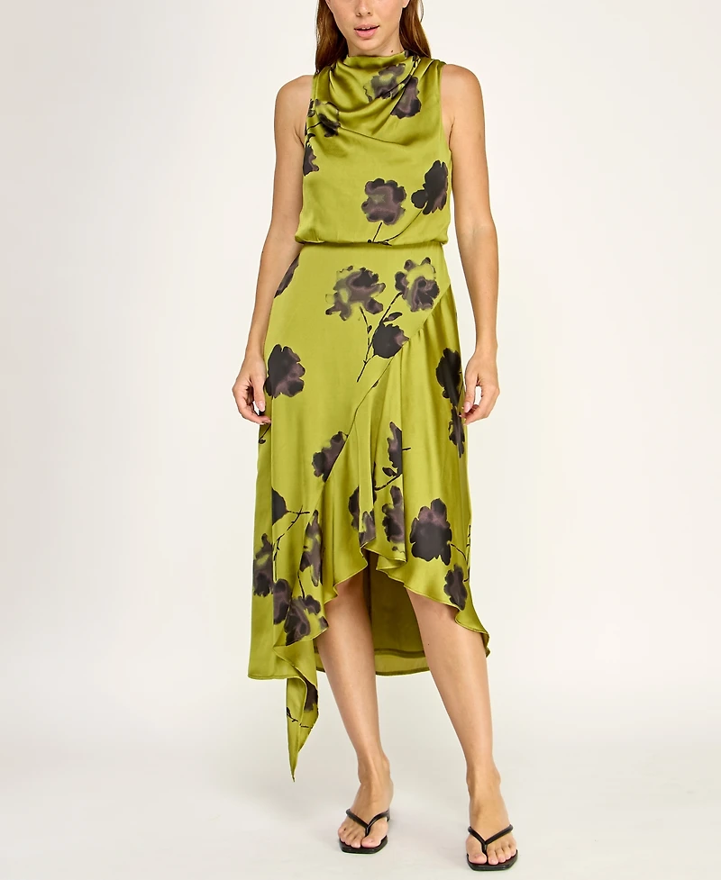 Row A Juniors' Cowl Neck Asymmetric Midi Dress