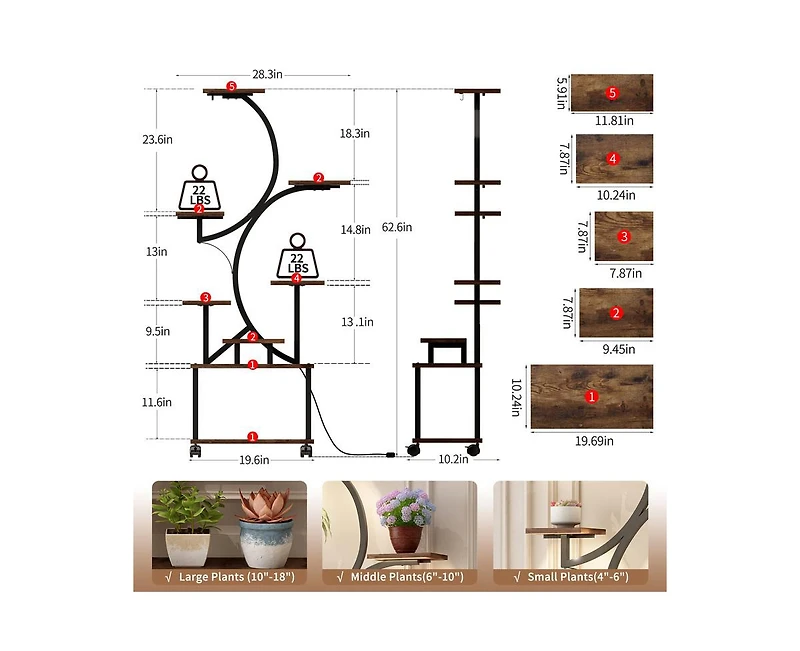 62" Tall Metal Plant Flower Holder Stand with Lights 8 Tiered Plant Shelf