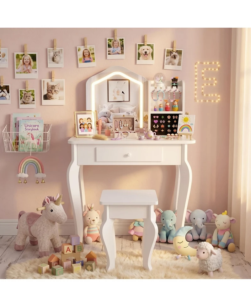 homfan Lighted Mirror Kids Vanity Set with Stool, Makeup Table Playset for Little Girls Ages 3-8, Elegant, Functional Design, Ideal for Bedroom