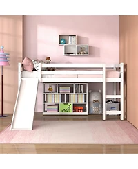 Gouun Twin Low Loft Bed with Slide and Double Ladder Access