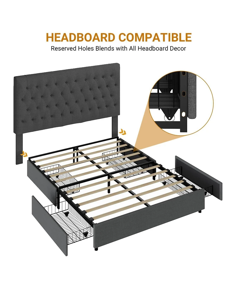 gaomon Bed Frame with 4 Storage Drawers, King Platform Bed with Linen Fabric Upholstered and Wooden Slats Support, No Box Spring Needed