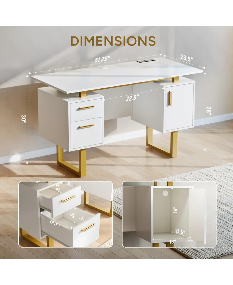 Sugift 51-Inch Computer Desk with 2 Drawers and Storage Cabinet, Modern Home Office Desk with Built-in Outlets
