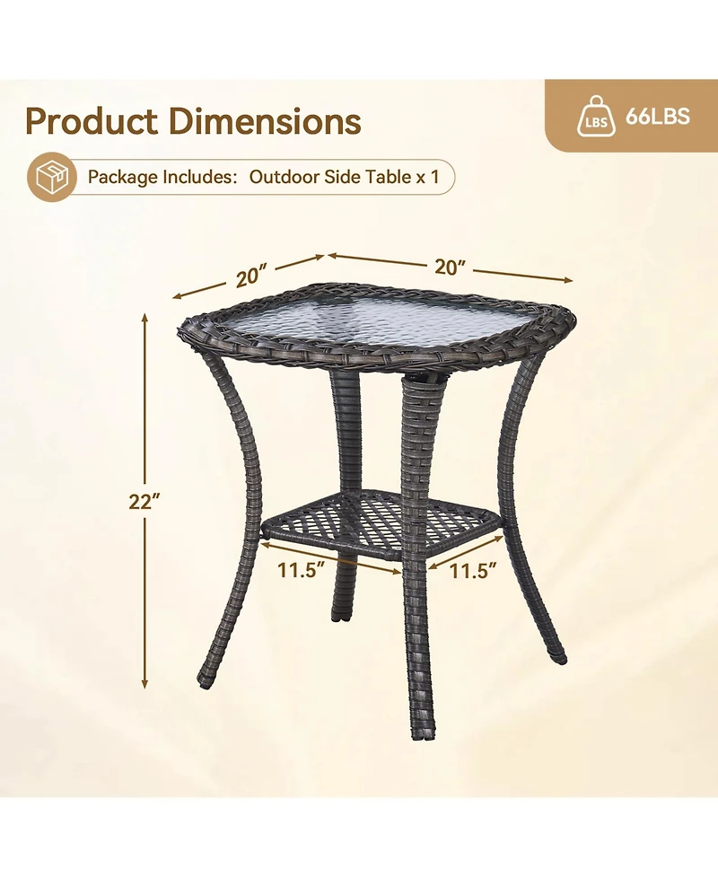 Pocassy Wicker Side Table Outdoor, Patio Rattan with Glass Top and Storage Shelf, 22" Tall Coffee for Yard, Deck, Garden