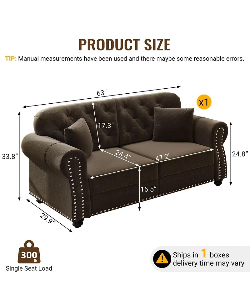 Maison Boucle Velvet Loveseat Sofa, Chesterfield Tufted Nailhead, Rolled Arms