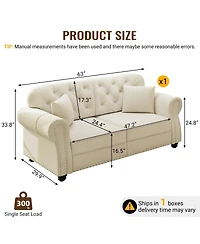 Maison Boucle Velvet Loveseat Sofa, Chesterfield Tufted Nailhead, Rolled Arms
