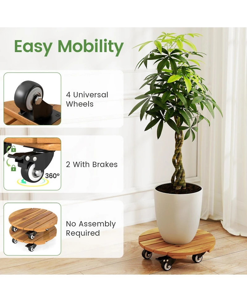 Sugift Heavy Duty Acacia Wood Rolling Plant Stand with 360degree(s) Lockable Casters 2-Piece Set