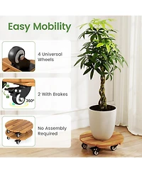 Sugift Heavy Duty Acacia Wood Rolling Plant Stand with 360degree(s) Lockable Casters 2-Piece Set