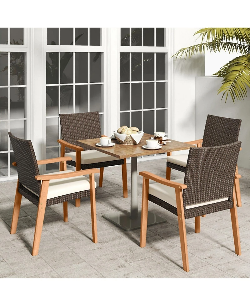 Sugift Pe Rattan Patio Dining Chair Set of 4 with Removable Cushions and Acacia Wood Armrests